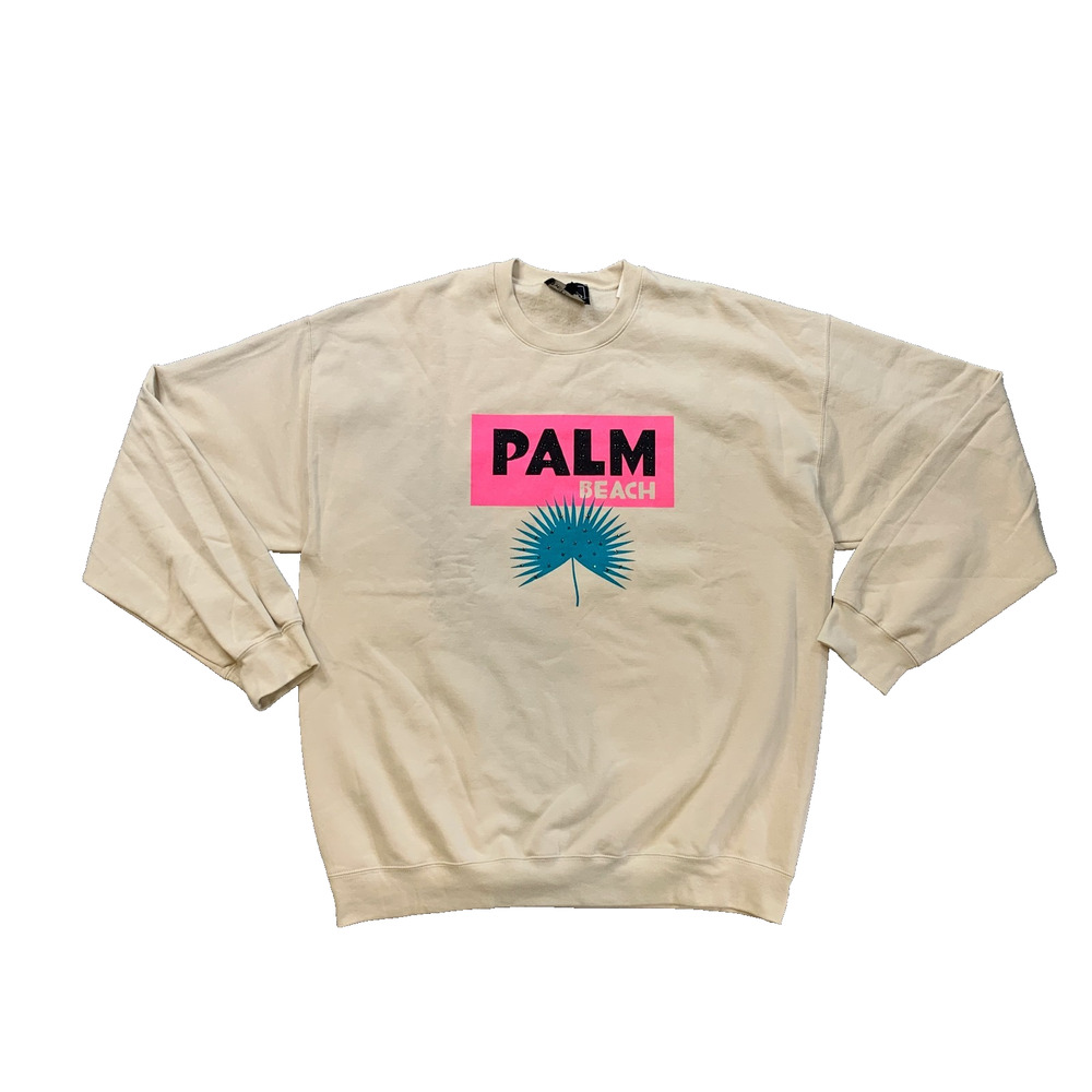 Alla Berman Sweatshirt Womens L Large Tan Palm Beach Boyfriend Oversized Crew